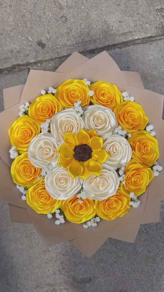 Yellow and white colour handmade ribbon bouquet π