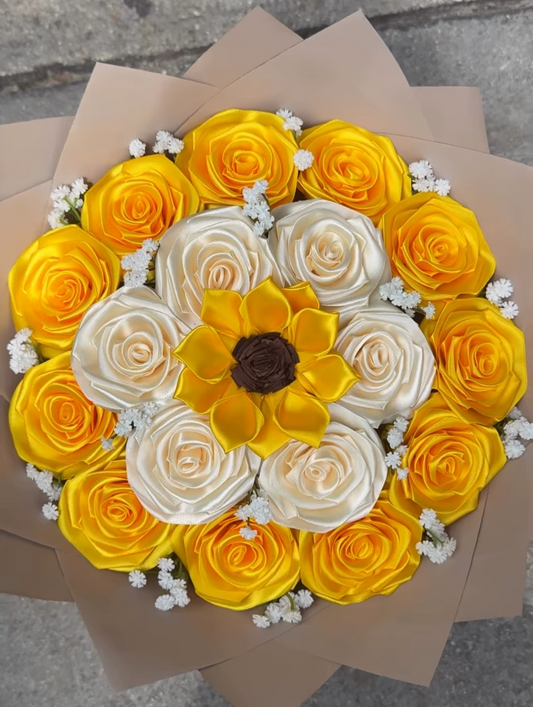 Yellow and white colour handmade ribbon bouquet 💐